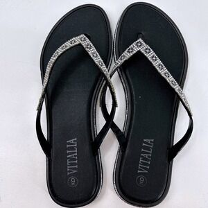 Vitalia Womens Black Rhinestone Thong Flip Flop Sandals Glitter Trim Size 9